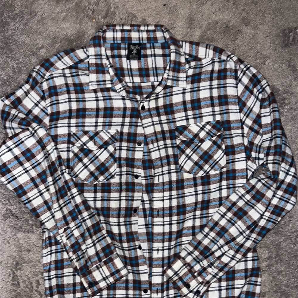Men's Plaid Flannel Shirt - Blue, Brown, and White